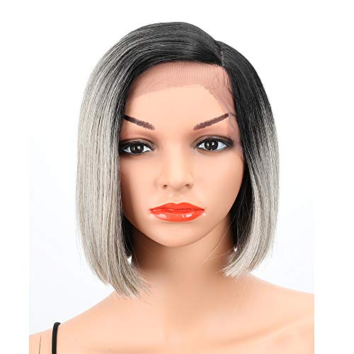 Product Cover Eliza Short Bob Wigs L Part Lace Front Wigs with Baby Hair Heat Resistant Synthetic Wigs For Black Women Half Hand Tied 130% Density Ombre Blonde Wigs with Dark Roots(Ombre Gray)