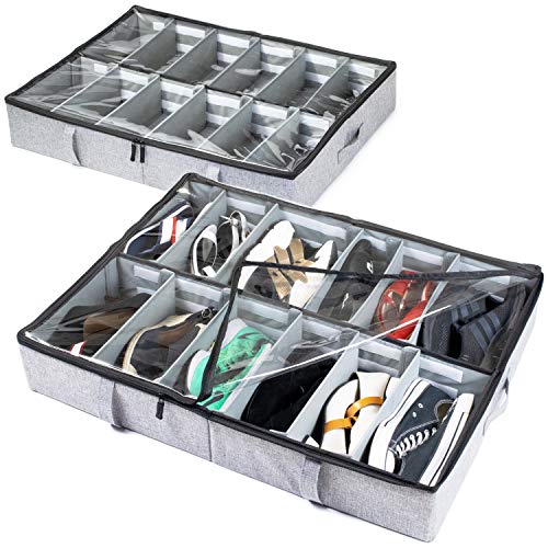Product Cover storageLAB Under Bed Shoe Storage Organizer, Adjustable Dividers - Set of 2, Fits 24 Pairs Total - Underbed Storage Solution (Grey)