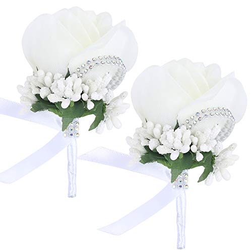 Product Cover Febou Boutonniere 2PCS Wedding Boutonniere Handmade Rose Boutonniere Corsage with Pin and Clip for Groom Bridegroom Groomsman Perfect for Wedding, Prom, Party (2 Packs, White)