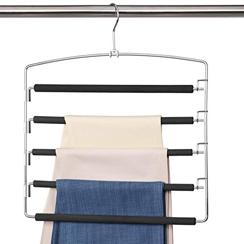 Product Cover Meetu Pants Hangers 5 Layers Stainless Steel Non-Slip Foam Padded Swing Arm Space Saving Clothes Slack Hangers Closet Storage Organizer for Pants Jeans Trousers Skirts Scarf Ties Towels (1 Pack)