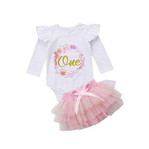 Product Cover Baby Girl Clothing Set 1st Birthday Outfits Cotton Long Sleeve Top Lace Tutu Shorts Floral Clothes (6-12 Months, White)