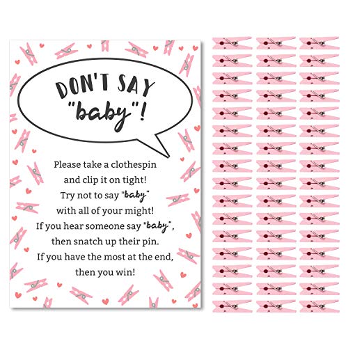 Product Cover Don't Say Baby Game for Girls Baby Shower Clothespin Game Includes One 5x7 Sign and 48 Mini Pink Clothespins