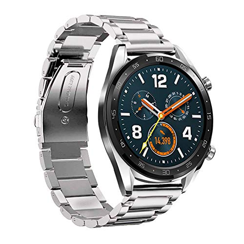 Product Cover LeafBoat Compatible Huawei Watch GT Band, 22mm Adjustable Classic Wristband Bracelet Stainless Steel Band for Compatible Huawei Watch GT Sport/Classic/ Ticwatch S2 &Ticwatch E2 Smartwatch(Silver)
