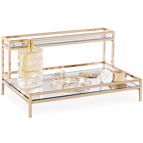 Product Cover Beautify Mirrored Vanity Tray for Dresser Jewelry and Perfume Tray - Two Tier Trays with Champagne Gold Finish L12 x D7.8 x H5.9 inches