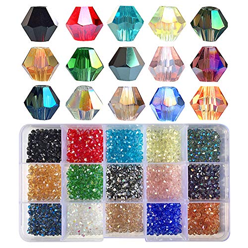 Product Cover Chengmu 4mm 1500pcs Bicone Glass Beads for Jewelry Making AB Colour Faceted Shape Colourful Crystal Spacer Beads Assortments Supplies for Bracelets Necklaces with Elastic Cord Storage Box