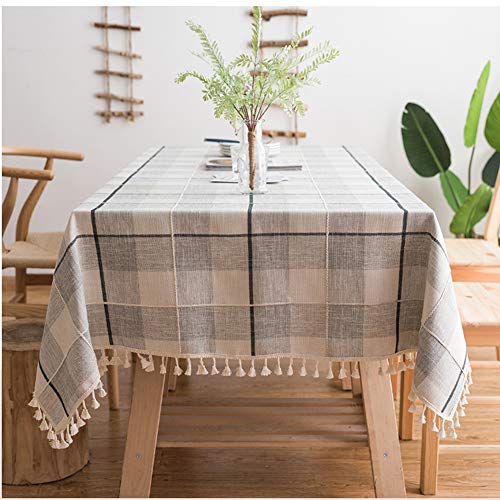 Product Cover ColorBird Embroidery Checkered Tassel Tablecloth Heavy Weight Cotton Linen Plaid Dust-Proof Table Cover for Kitchen Dinning Tabletop Decoration (Rectangle/Oblong, 55 x 86 Inch, Gray/White)
