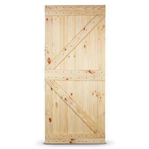 Product Cover BELLEZE 36in.x 84in. Unfinished Knotty Pine Wood Left Arrow Design Sliding Single Barn Door Pre Drilled (3 ft x 7 ft), Natural