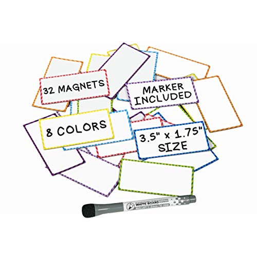 Product Cover Small Magnetic Dry Erase Labels - (32 Count) w/Dry Erase Markers and Eraser Pen - Great For Teachers Classroom Organization and Locker Accessories - Use it as Cubicle Name Tag Refrigerator Magnet