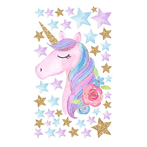 Product Cover Amaonm Creative Cartoon Rainbow Unicorn with Colorful Stars Wall Decals Removable PVC Wall Art Decor Home Wall Decoration 3D DIY Stickers Murals for Girls Rooms Kids Bedroom Living Room Doors (Star)