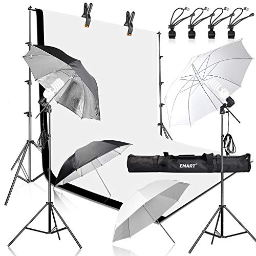 Product Cover Emart 400W 5500K Daylight Umbrella Continuous Lighting Kit, 8.5x10ft Background Support System with 2 Muslin backdrops (Black and White) for Photo Studio Product, Portrait and Video Shoot Photography