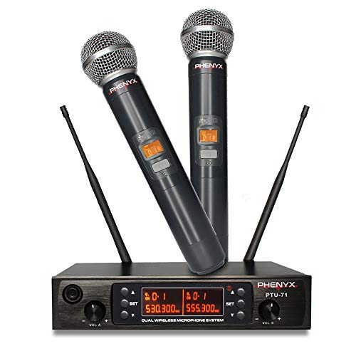 Product Cover Wireless Microphone System, Phenyx Pro UHF Cordless Mic Set with 2 Handheld Mics, All Metal, 2x200 Channels, Distortion-Free Long Coverage 250ft, Ideal for Karaoke, Church, Weddings(PTU-71A)