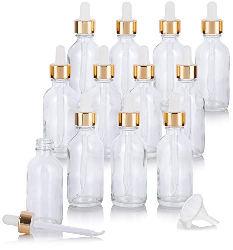 Product Cover 2 oz Clear Glass Boston Round Bottle with Gold Metal and Glass Dropper (12 pack) + Funnel for Essential oils, Aromatherapy, E-liquid, Food grade, BPA free