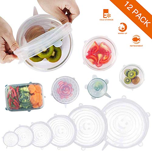 Product Cover Silicone Stretch Lids, 12 Pack Reusable Durable and Expandable Lids to Keep Food Fresh, Fit Various Sizes and Shapes of Containers Food Covers or Bowl Covers, 6 Sizes, White