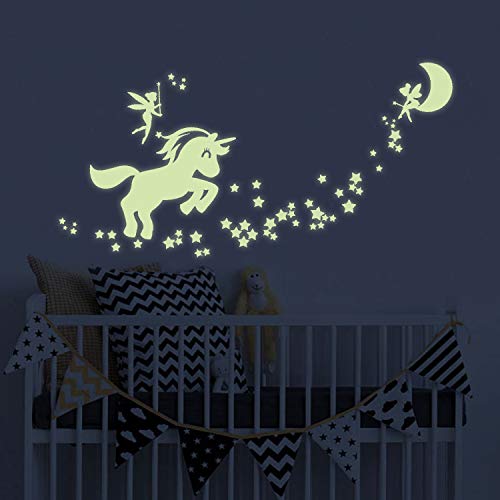 Product Cover Unicorn Glow in The Dark Wall Stickers, Fairytale Fairy Glow in The Dark Stars Wall Decals for Girls Bedroom