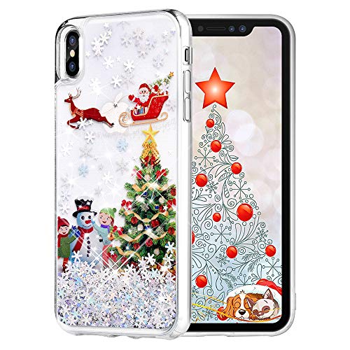 Product Cover Maxdara Christmas Case for iPhone Xs iPhone X, Merry Christmas Tree Pattern Glitter Liquid Bling Sparkle Pretty Cute Case for Girls Children Women Gifts Xs/X Christmas Case 5.8 inches(Tree)