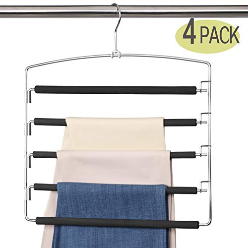 Product Cover Meetu Pants Hangers 5 Layers Stainless Steel Non-Slip Foam Padded Swing Arm Space Saving Clothes Slack Hangers Closet Storage Organizer for Pants Jeans Trousers Skirts Scarf Ties Towels (4 Pack)