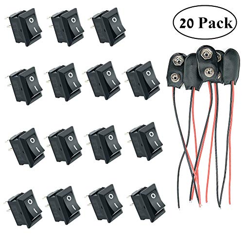 Product Cover Gn2u On Off Mini Rocker Switches AC 3A/250V 6A/125V 2Solder Lug,with 9V Battery Clip Connector Buckles Pack of 20