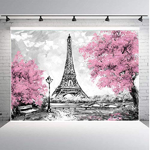 Product Cover Qian Pink Flowers Trees Eiffel Tower Background Photography Gray Paris Photo Studio Props Banner Wedding Theme Party Backdrops Vinyl 7x5ft