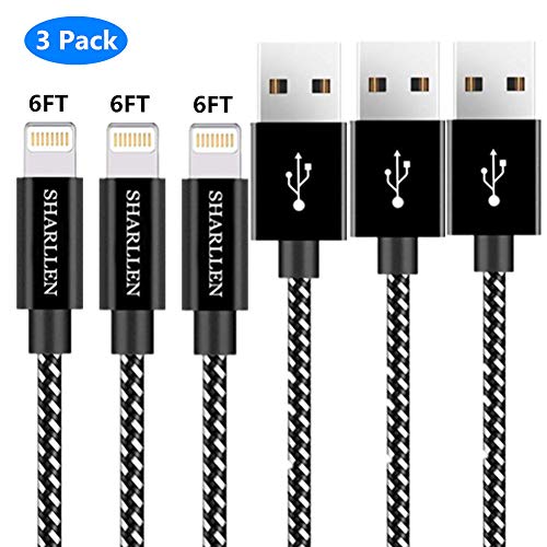 Product Cover Sharllen MFi Certified iPhone Charging Cable 3 Pack 6FT Nylon Braided Fast USB Charging&Syncing Cord Cell-Phone Charging Cable Compatible iPhone Charger XS/Max/XR/X/8P/8/7/7P/6/iPad/iPod(Black-6FT)