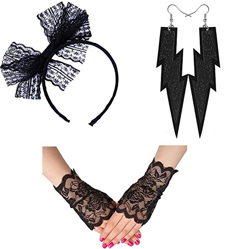 Product Cover Womens Lace Headband Neon Earrings Fingerless Gloves for 80's Party Pop Diva Costume Accessories (Gloves Headband Set Black)
