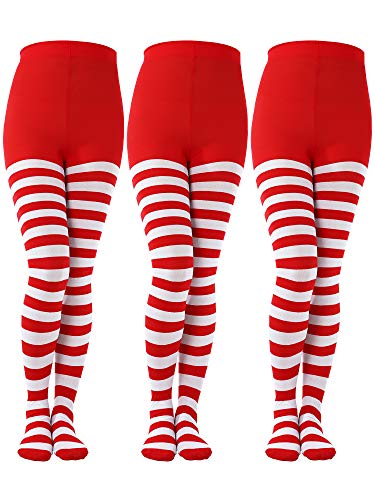 Product Cover Sumind 3 Pairs Christmas Striped Tights Full Length Tights Thigh High Stocking for Christmas Halloween Costume Accessory (Red/White, Kids Size)