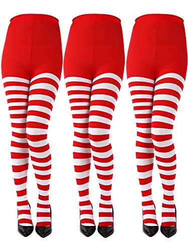 Product Cover Sumind 3 Pairs Christmas Striped Tights Full Length Tights Thigh High Stocking for Christmas Halloween Costume Accessory(Red/White, Adult Size)