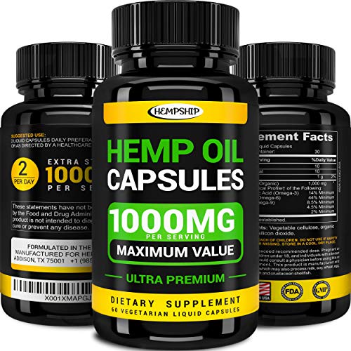 Product Cover Hemp Oil Capsules - 1000 MG of Pure Hemp Extract - Pain, Stress & Anxiety Relief - Natural Sleep & Mood Support - Made in The USA - Extra Strength, Maximum Value - Rich in Omega 3, 6, 9