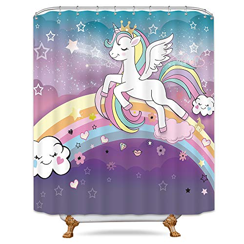Product Cover Riyidecor Kids Rainbow Unicorn Shower Curtain Cartoon Animal Colorful Cute Cloud Star Decor Fabric Bathroom Set Polyester 72x72 Inch 12-Pack Plastic Hooks