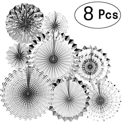 Product Cover Silver Wedding Party Hanging Paper Fans Decorations Bachelorette Bridal Shower Party Ceiling Hangings Baby Shower Birthday Nursery Party Decorations, 8pc