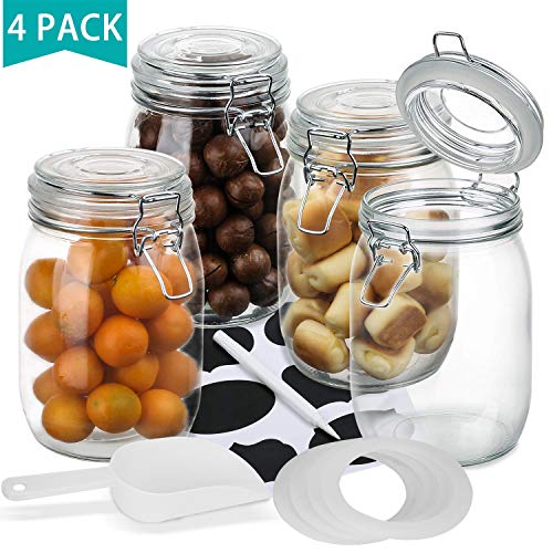 Product Cover Wide Mouth Mason Jars,OAMCEG 4-Piece 34oz Airtight Glass Preserving Jars with Leak Proof Rubber Gasket and Clip Top Lids, Perfect for Storing Coffee, Sugar, Flour or Sweets - 8 Labels & 1 Chalk Marker