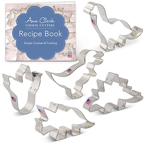 Product Cover Ann Clark Cookie Cutters 5-Piece Dinosaur Cookie Cutter Set with Recipe Booklet, Triceratops, Stegosaurus, T-Rex, Brontosaurus and Dinosaur Footprint