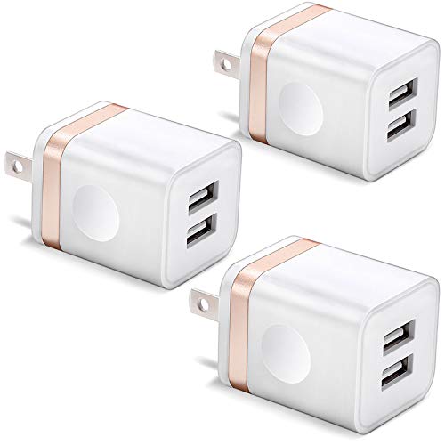 Product Cover USB Wall Charger, BEST4ONE 2.1A/5V Dual Port USB Plug Power Adapter Charging Block Cube Compatible with Moto, Phone, Pad, Pod, Samsung, Google Pixel, LG (White/Gold) 3-Pack