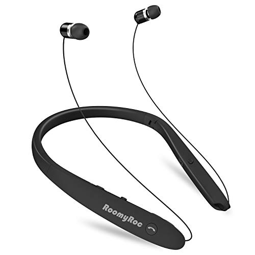 Product Cover Bluetooth Headphones, RoomyRoc Wireless Neckband Headset Evoking Siri & Bixby with Retractable Earbuds, Sports Sweat-Proof Noise Cancelling Foldable Stereo Earphones with Mic (Black)