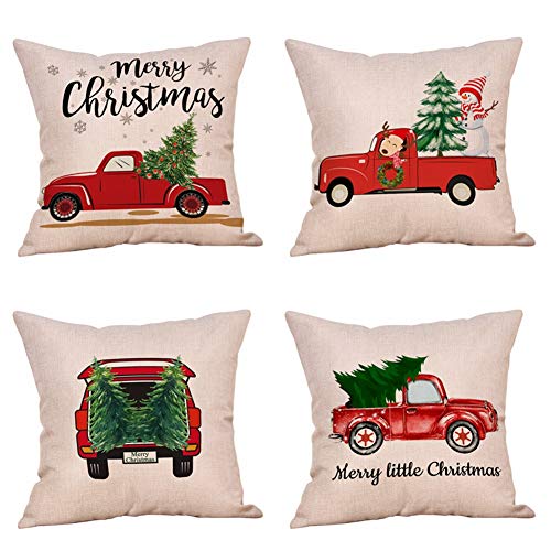 Product Cover Jartinle 4 Pack Rustic Red Christmas Truck and Xmas Tree Throw Pillow Case Happy Snowman Deer Holiday Decorative Cushion Cover 18 x 18 Inch Cotton Linen Christmas Farmhouse Decor (Red Truck)
