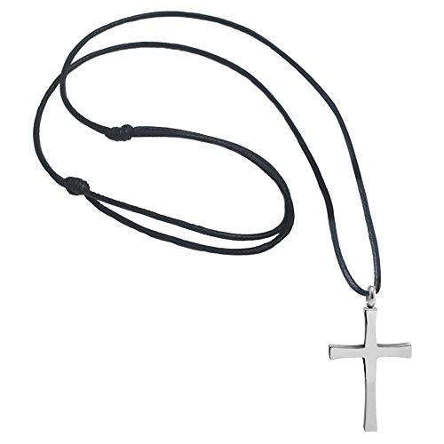 Product Cover 555Jewelry Stainless Steel Metal Cross Adjustable Black Leather Cord Unisex Women Men Religious Christian Vintage Braided Rope Chain Fashion Jewelry Accessory Pendant Necklace, Silver 18 Inch