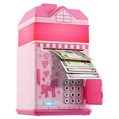 Product Cover Piggy Bank for Girls, Electronic Money Coin Code Bank with LED Night Light and 10 Music, Pink Safe Box with Personal Password Setting, Auto Money Scroll,  For Kids` Birthday