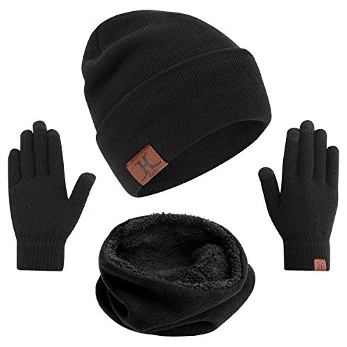 Product Cover mysuntown Winter Hat Beanie Scarf Gloves 3 Pieces Womens Hat and Glove Set Soft Thick Knit Skull Cap for Men Women (Black)