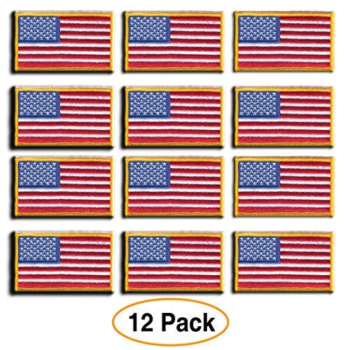 Product Cover 12 Pack - American Flag Embroidered Patch, Gold Border USA United States of America, US Flag Patch, sew on, Military/Army/Police Flag