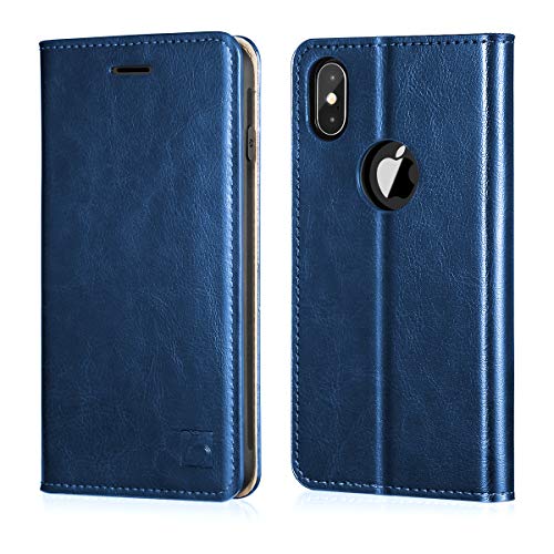 Product Cover Belemay iPhone Xs Max Wallet Case, Genuine Leather Case Slim Fit Folio Book Flip Cover [Durable Soft Inner Case] Card Holder Slots, Kickstand, Cash Pockets Compatible iPhone Xs Max (6.5-inch), Blue