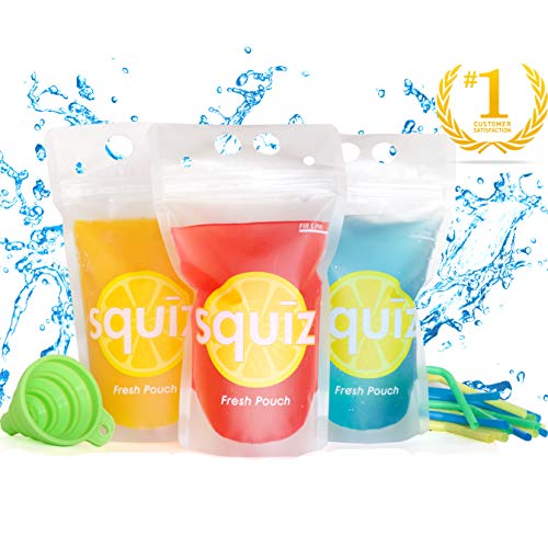 Product Cover Premium Double Reinforced Leakproof Drink Pouches, Set of 50, 16 oz Drink Bags with Bonus 50 Straws, Funnel, and Recipe EBOOK by Squiz