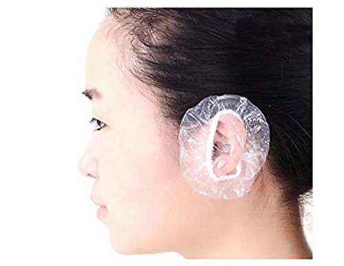 Product Cover 100 PCS Disposable Soft and Environment-friendly Plastic Transparent Hairdressing Ear Caps Coloring Waterproof Ear Cover Shield Protector Elastic Shower Ear Caps for Salon Home Use