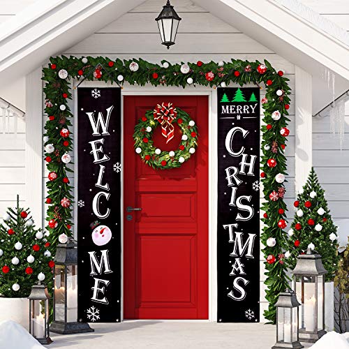 Product Cover Whaline Christmas Porch Sign, Welcome and Merry Christmas Hanging Sign for Holiday Home Indoor Outdoor Porch Wall Christmas Decoration