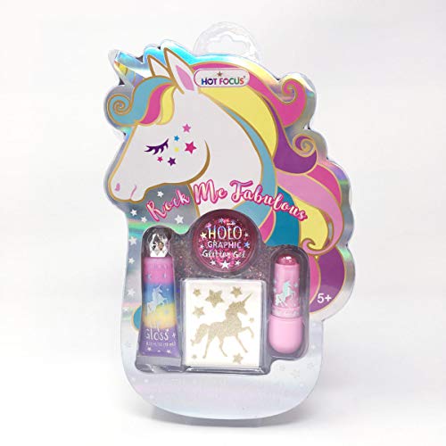 Product Cover Hot Focus Rock Me Fabulous, Unicorn - 1 Holographic/ Iridescent Body Glitter Gel, 1 Tinted Lip Balm, 1 Glitter Lip Gloss. Sparkling Makeup Kit for Kids/Girls. Perfect for Any Occasion