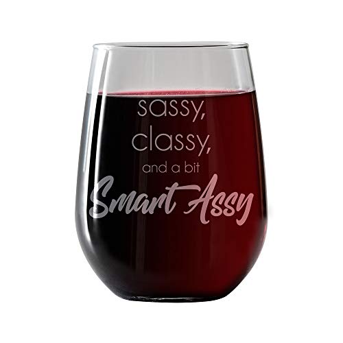 Product Cover Funny Stemless Wine Glass 17oz with Funny Saying for Women. For the Sassy Classy and Smart Assy woman and best friend. Includes a Complimentary Food Vino Pairing Card
