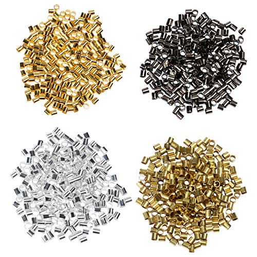 Product Cover Crimp Tube Beads - 1000-Piece Tube Crimp Beads for Jewelry Making, 2x2 mm Crimp Tube Spacers, Jewelry Crimping Beads in Gold, Silver, Copper, Black, 250 Pieces of Each Color