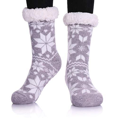 Product Cover Dosoni Women's Winter Snowflake Fleece Lining Knit Christmas Knee Highs Stockings Slipper Socks (Snowflake Light Purple)