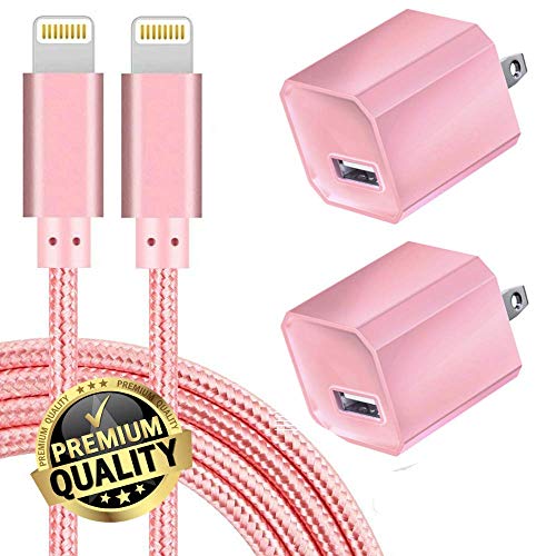 Product Cover Boost Chargers 5W USB Power Adapter Wall Charger 1A Cube for Plug Outlet w/ 6FT/2M Nylon Braided Sync & Charger Cord Compatible for iPhone 8 / X / 7 / 6S / Plus + More (Pink) 2 Pack