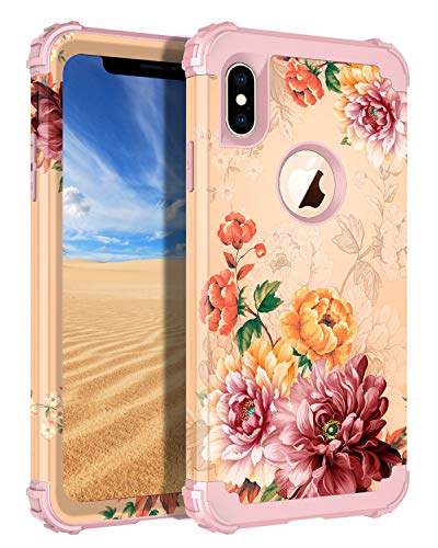 Product Cover LONTECT Compatible iPhone Xs Max Case Floral 3 in 1 Heavy Duty Hybrid Sturdy Armor High Impact Shockproof Protective Cover Case for Apple iPhone Xs Max 6.5 Display, Rose Gold/Gold Flower
