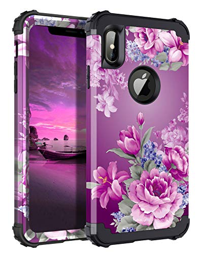 Product Cover LONTECT Compatible iPhone Xs Max Case Floral 3 in 1 Heavy Duty Hybrid Sturdy Armor High Impact Shockproof Protective Cover Case for Apple iPhone Xs Max 6.5 Display, Black/Purple Flower