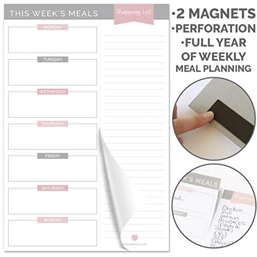 Product Cover bloom daily planners Grey & Pink Weekly Meal Planning Pad - Magnetic Hanging Refrigerator Menu Planner with Tear-Off Sheets & Perforated Grocery Shopping Lists - 6